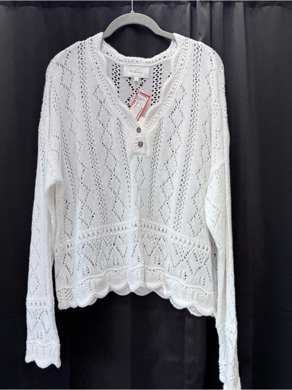 White Open-Knit V-Neck Cardigan with Wooden Buttons